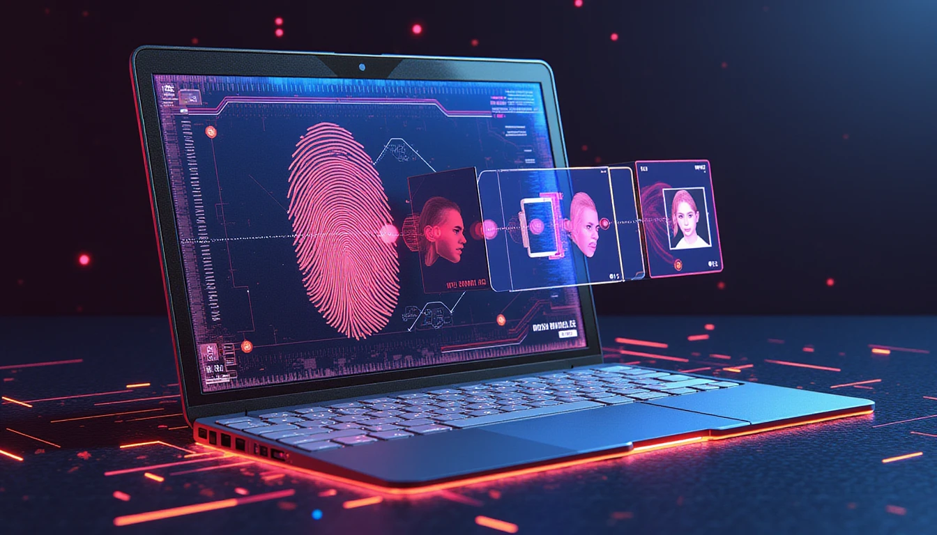 Futuristic AI interface scanning online dating profile images, with holographic fingerprint, neural network overlay, and red fake profile alerts.