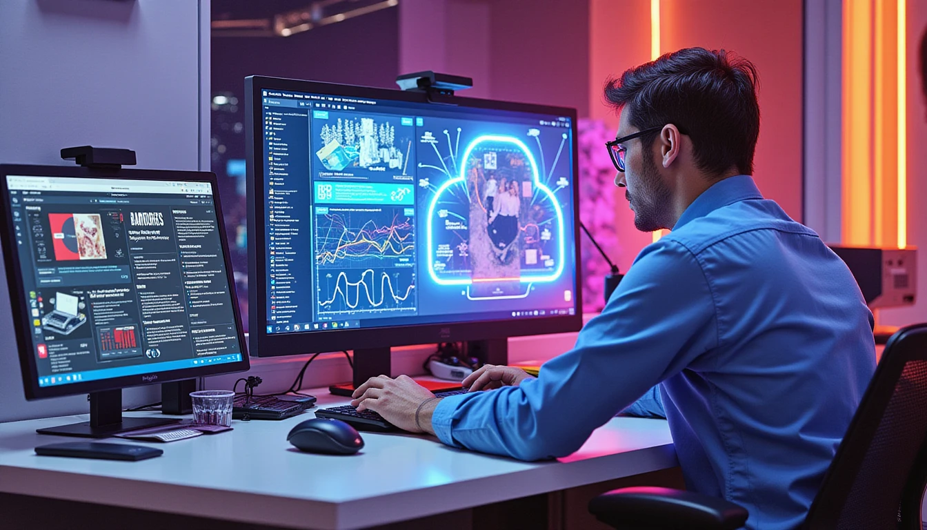 Insurance office workspace with a professional analyzing data on a computer, overlaid with a neon diagram of AI-driven fraud detection processes.