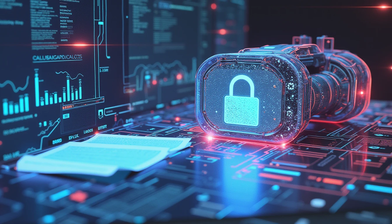 Futuristische Darstellung einer Versicherungstechnologie zur Betrugsbekämpfung mit einem neonfarbenen biometrischen Scanner, holografischer Analytik und Blockchain-inspirierten Bildern.