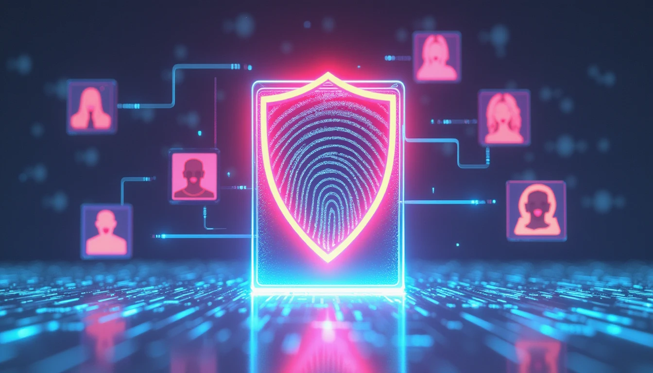 Futuristisches Neonschild symbolisiert KI-gesteuerte Betrugsprävention beim Online-Dating, indem verzerrte Profile mithilfe einer digitalen Fingerabdruckanalyse gescannt werden.