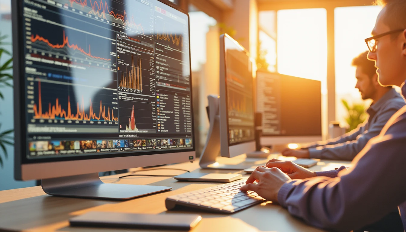 Futuristic AI fraud detection interface analyzing claims data with image verification, warm lighting, and a collaborative tech environment.
