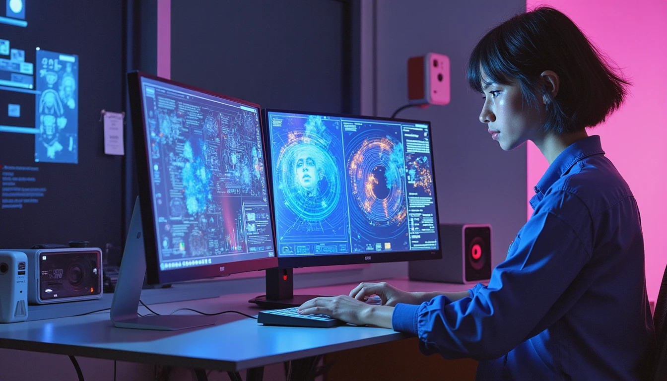 Futuristic insurance investigator examines holographic deepfake anomalies on a neon-lit workstation in a secure, tech-driven workspace.