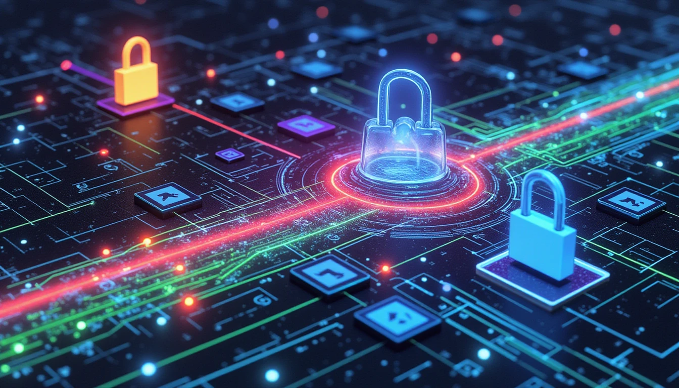 Futuristic depiction of advanced image processing and legal compliance in insurance, with neon data streams, locks, and abstract tech visuals.