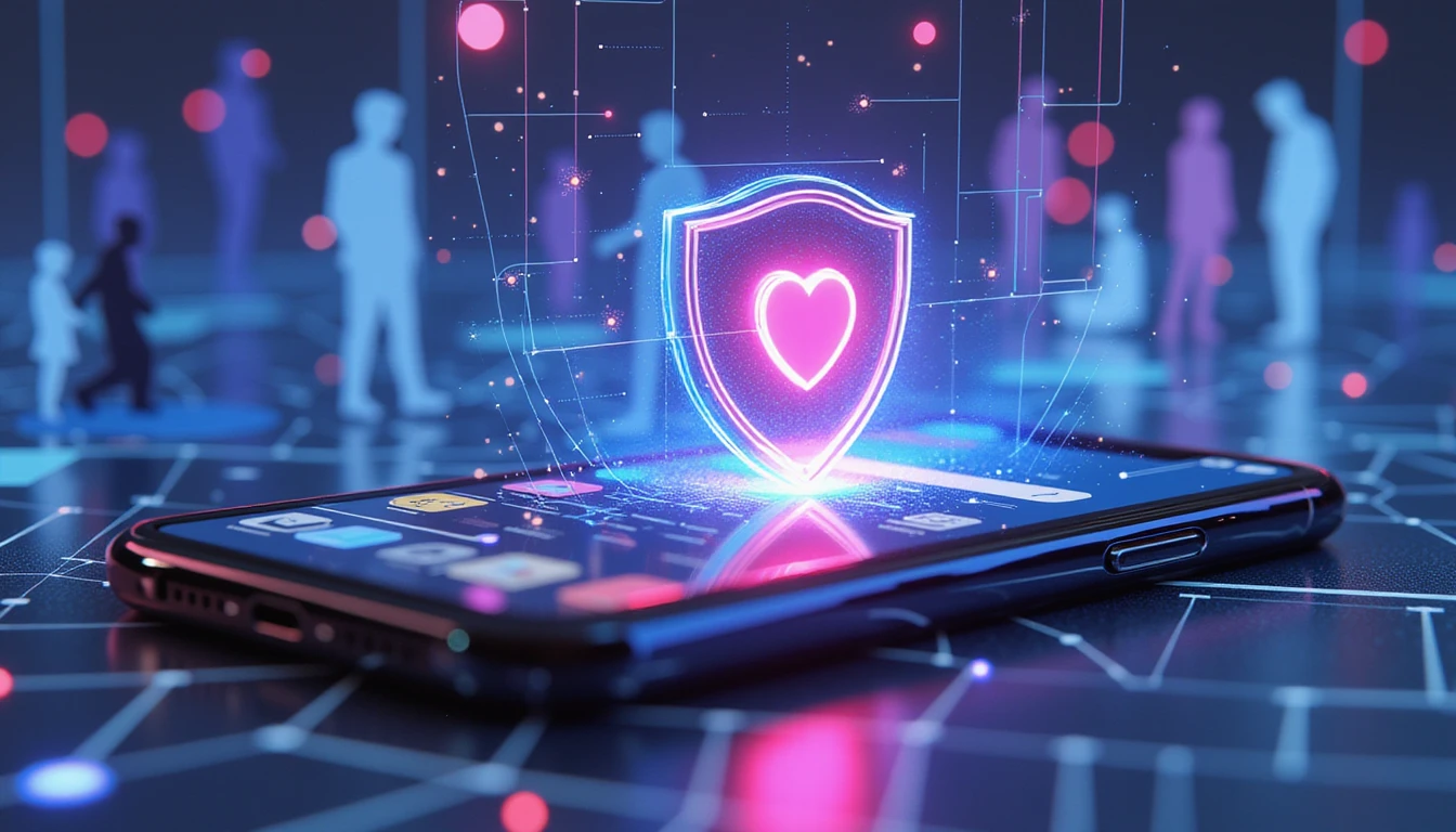 AI-powered fraud detection in online dating—smartphone screen with a dating app, a glowing security shield, and holographic fraud alerts.
