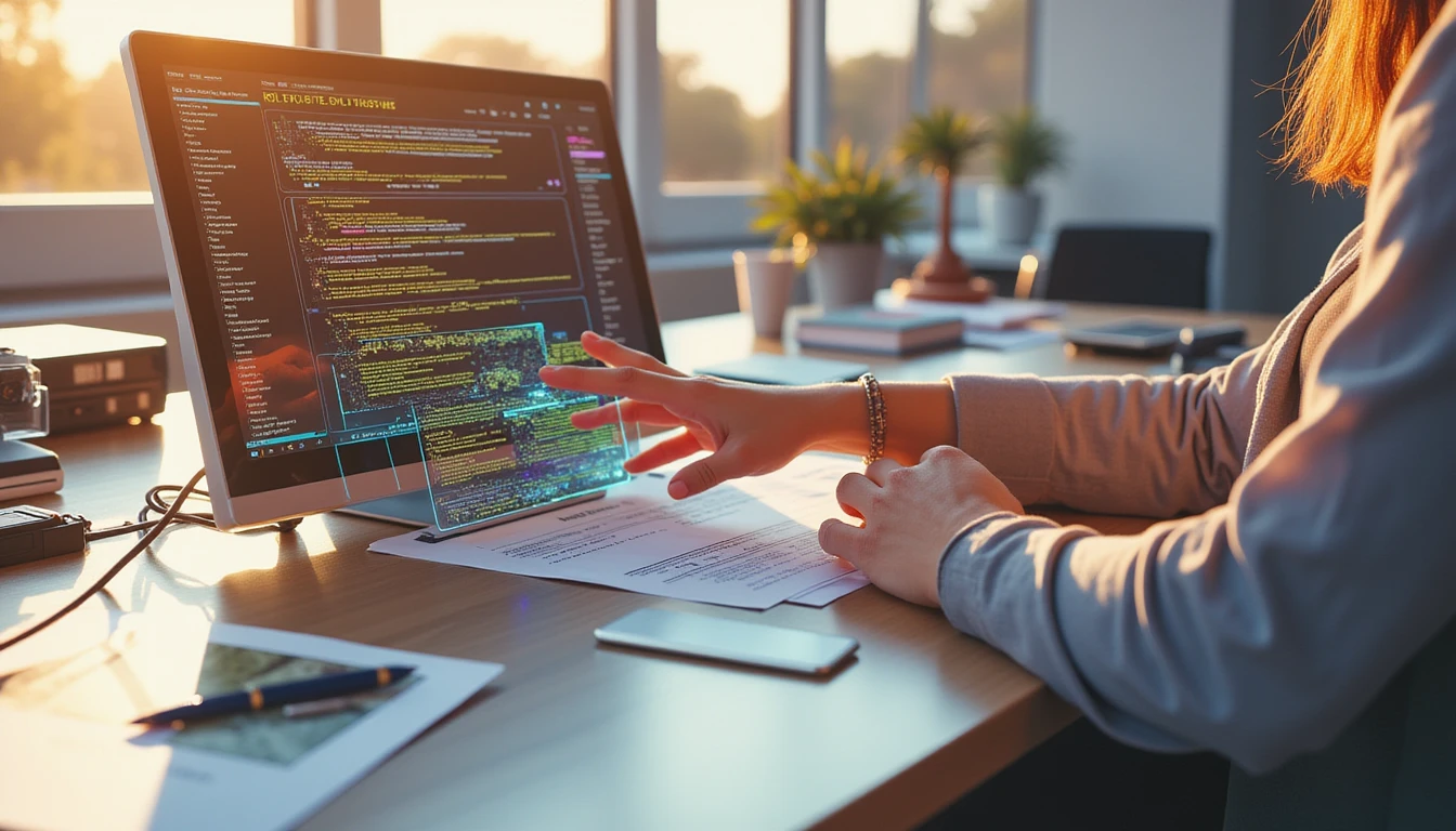 Futuristic AI-driven interface analyzing a document with glowing holographic overlays for fraud detection in a warm, professional office setting.