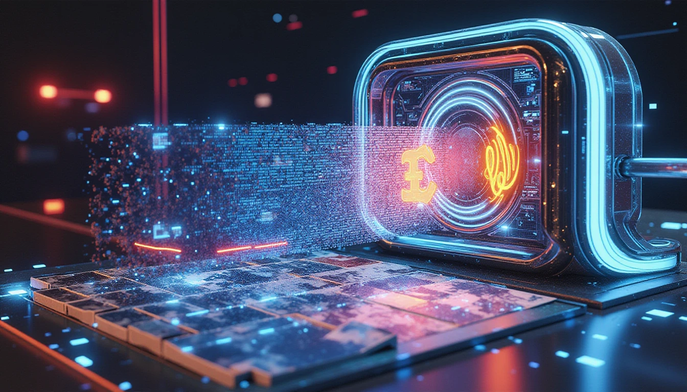 Futuristic AI fraud detection tool analyzing manipulated insurance data with neon holograms, swirling data streams, and a secure, innovative vibe.