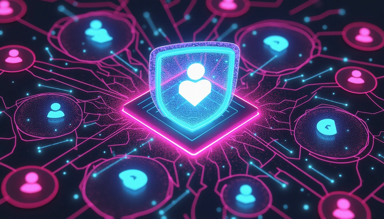 Futuristisches Neonschild, das den KI-Schutz beim Online-Dating symbolisiert, verknüpft mit leuchtenden neuronalen Netzwerken, digitalen Mustern und Profilsymbolen.