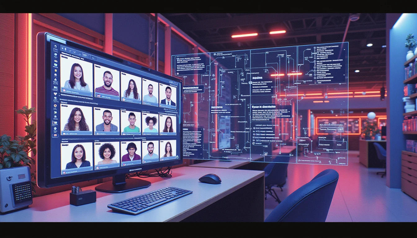 Futuristische Online-Dating-Schnittstelle mit neonbeleuchtetem KI-Erkennungssystem, das Profile scannt, synthetische Identitäten hervorhebt und Betrug verhindert.