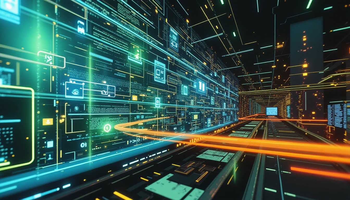 Futuristic abstract visual of digital transformation in insurance with neon hues, showcasing cybersecurity, fraud detection, and data analysis.