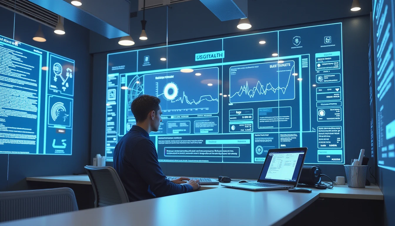 Futuristischer Versicherungsprofi in einem High-Tech-Büro, umgeben von neonblauen Diagrammen, ethischen Richtlinien und einer Fraud Scanner-Oberfläche.
