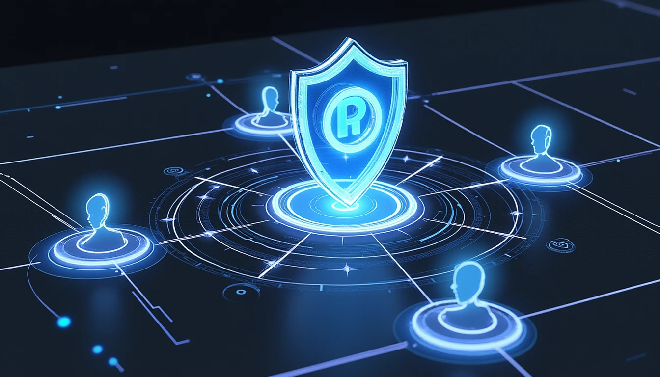 Futuristic neon shield protecting digital dating profiles with AI-driven security features like biometric verification and fraud detection.