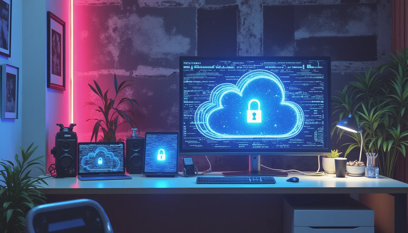 Futuristisches Versicherungsbüro mit Neon-Akzenten, High-Tech-Arbeitsplatz, verschlüsselten Clouds, holografischen Daten und KI-gesteuerten Sicherheitsvisualisierungen.