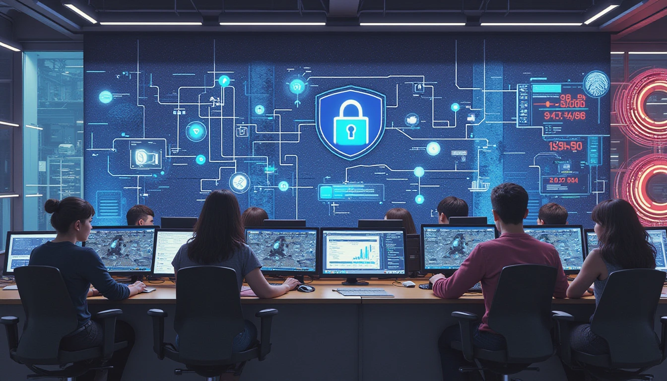 Futuristic insurance security control center with analysts using AI fraud detection systems, neon data streams, and real-time dashboards.