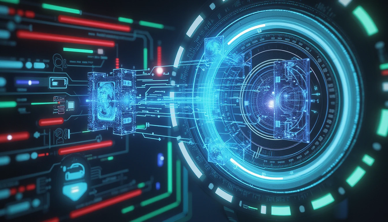 Abstrakte Darstellung KI-gesteuerter Versicherungsinnovationen mit neonbeleuchteten Hologrammen, Datenströmen und einem futuristischen Scanner in dunklen Tönen.