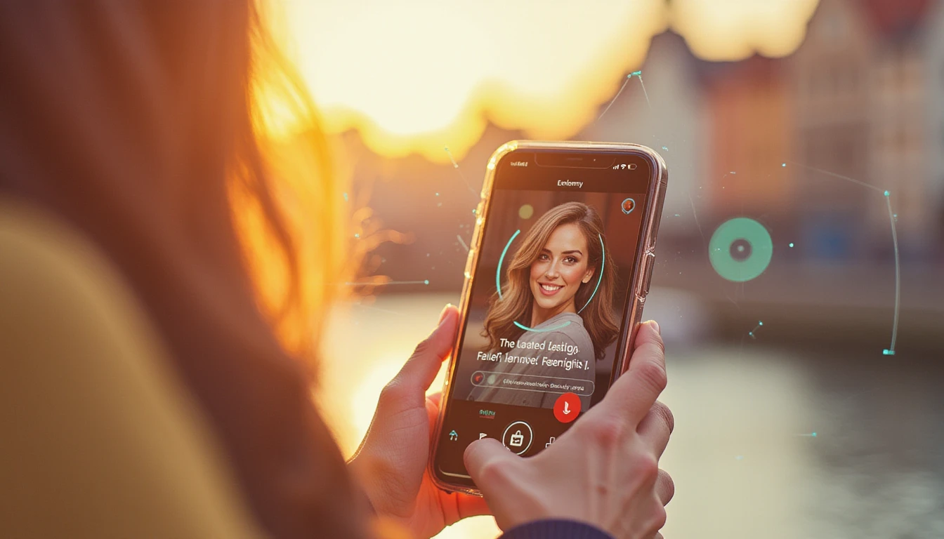 Eine Hand hält ein Smartphone, auf dem ein Dating-App-Profil mit subtilen, KI-generierten Unvollkommenheiten angezeigt wird, umrahmt von goldenem Stundenlicht und futuristischen holografischen Sicherheitselementen im unscharfen Hintergrund.