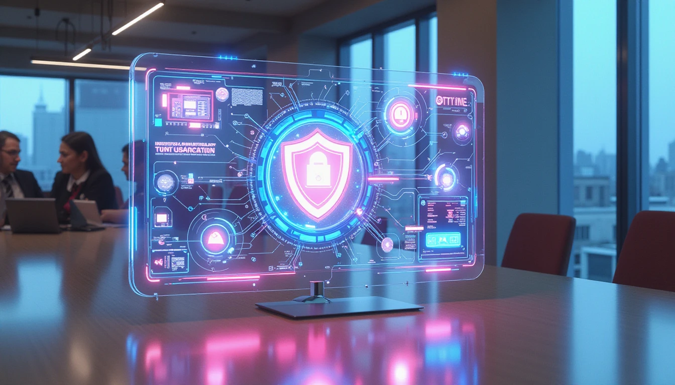 Modern insurance office with a glowing digital interface showcasing cybersecurity, fraud detection, and innovation, professionals collaborating.