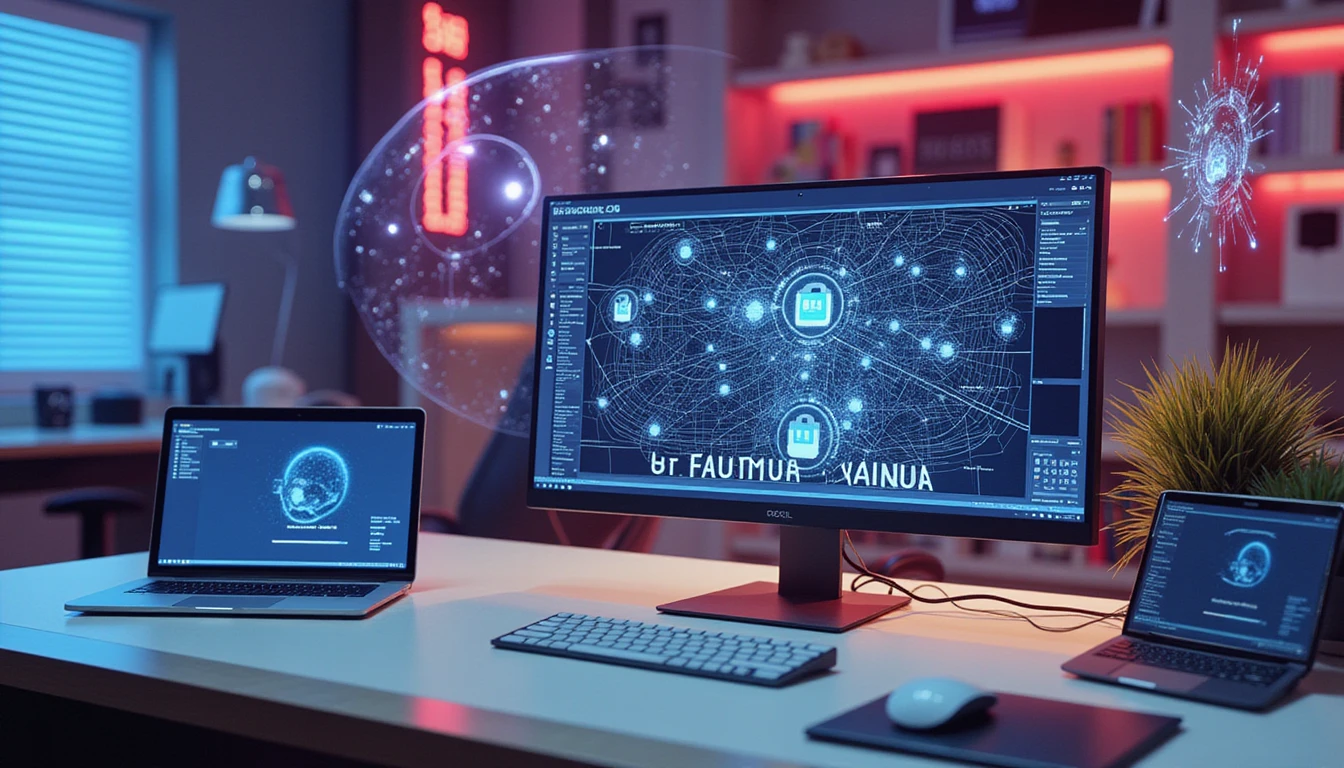 Futuristisches Versicherungsbüro mit Neonbeleuchtung, das auf einem Hightech-Bildschirm neben holografischen KI-Cybersicherheitselementen Betrugserkennung zeigt.