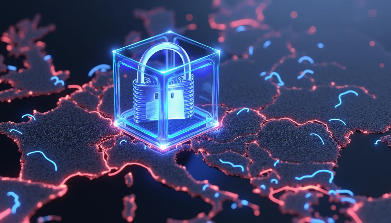 Ultra-realistische abstrakte Darstellung fortschrittlicher Betrugsprävention in der DACH-Versicherung, mit Symbolen für KI, digitale Sicherheit und Datenschutz.
