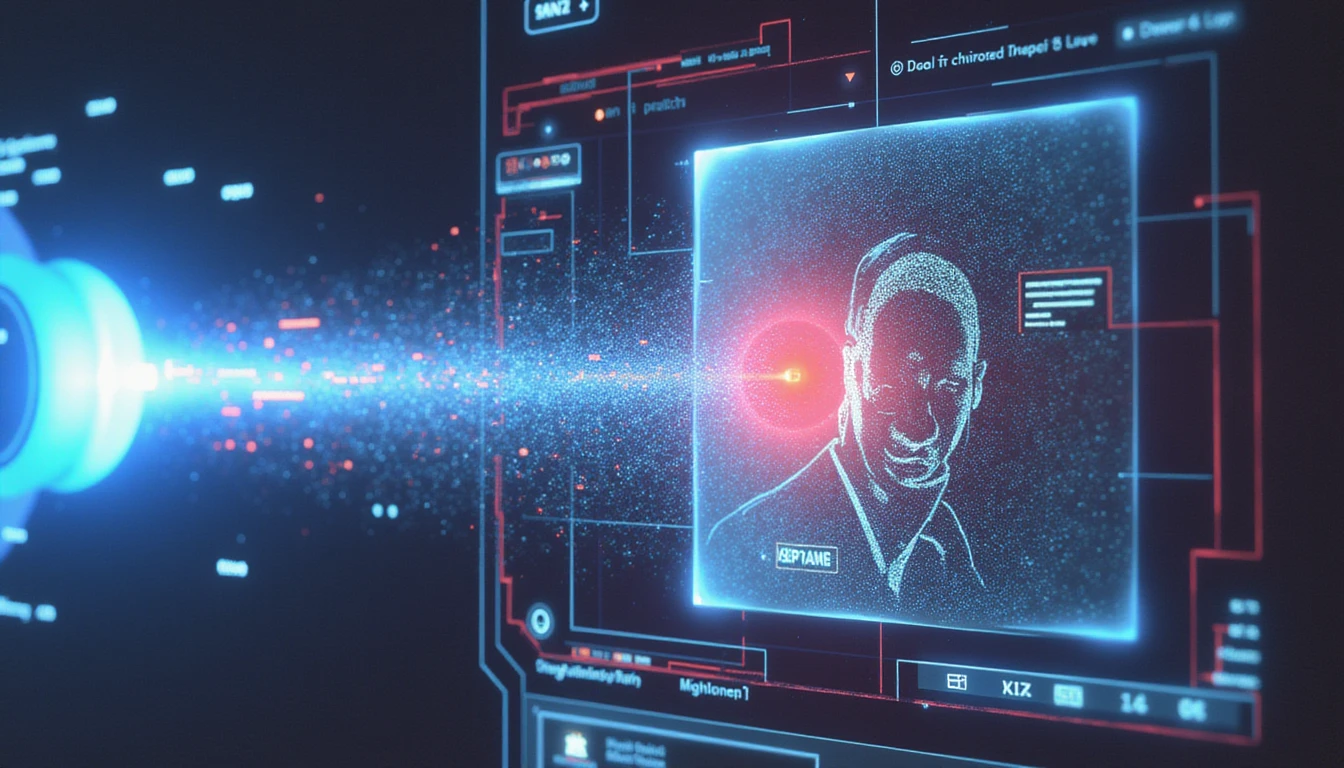 KI-gesteuerte Betrugserkennung beim Online-Dating. Gezeigt wird ein digitaler Scanner, der Profile mit Neon-Datenströmen und holografischen Überlagerungen analysiert.