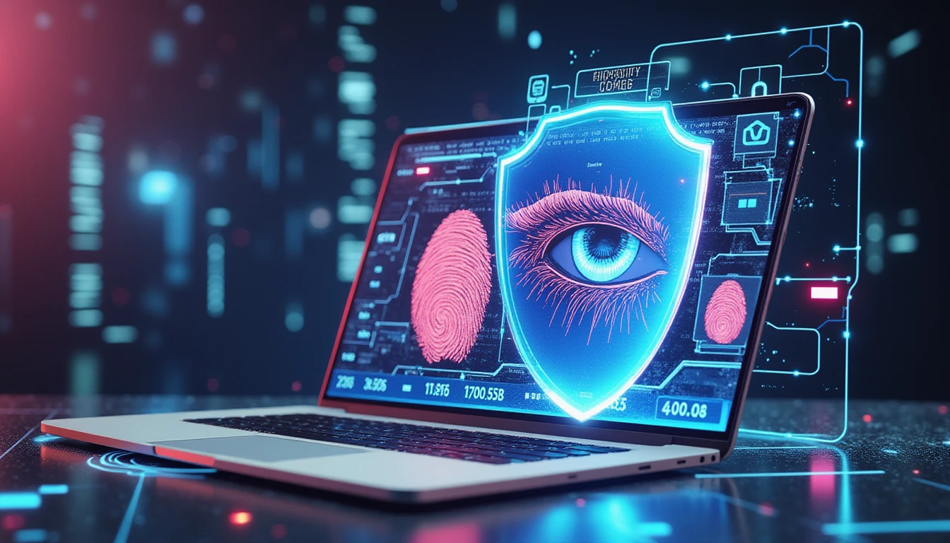 KI-gestützter Sicherheitsschutz mit holografischer Schnittstelle, der Online-Dating-Profile scannt und mit biometrischen und Cyber-Defense-Funktionen Betrug erkennt.