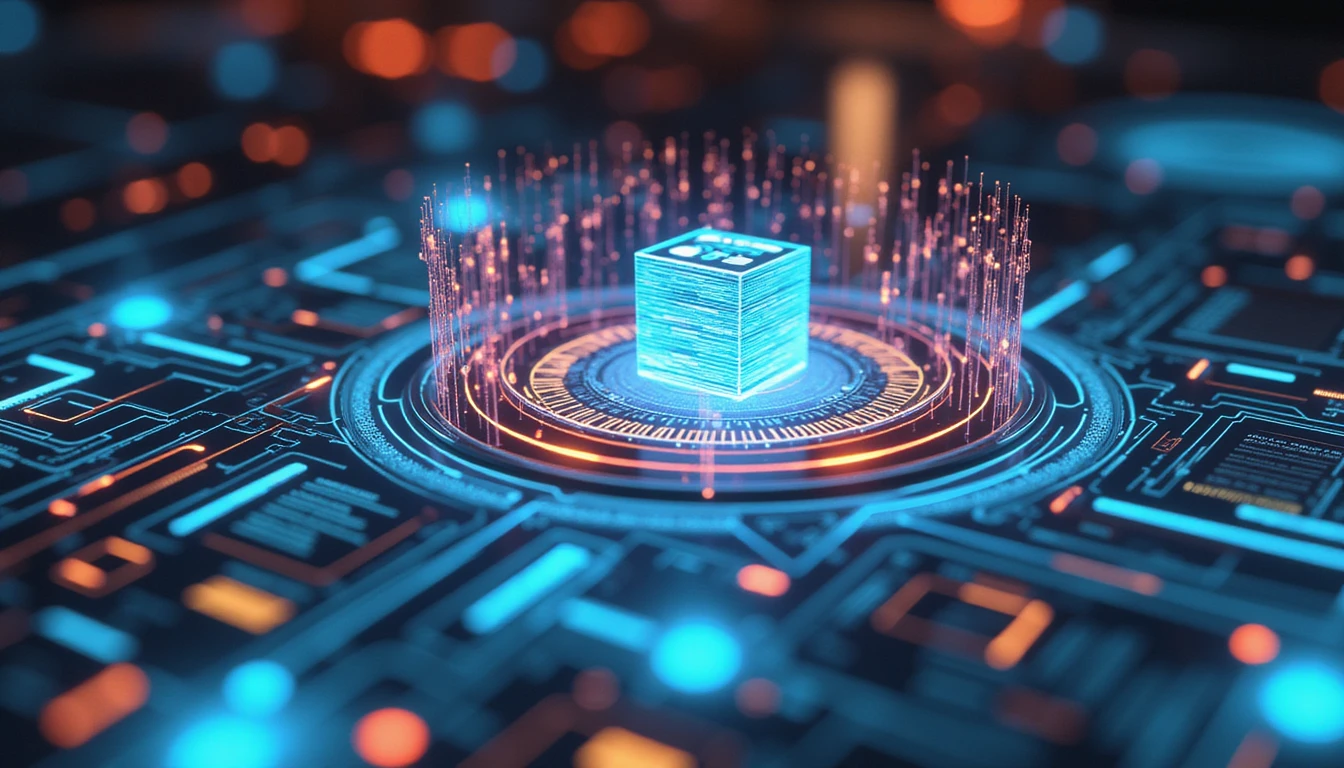Futuristic macro view of advanced claims management tech with neon-lit systems analyzing insurance docs and detecting image fraud.