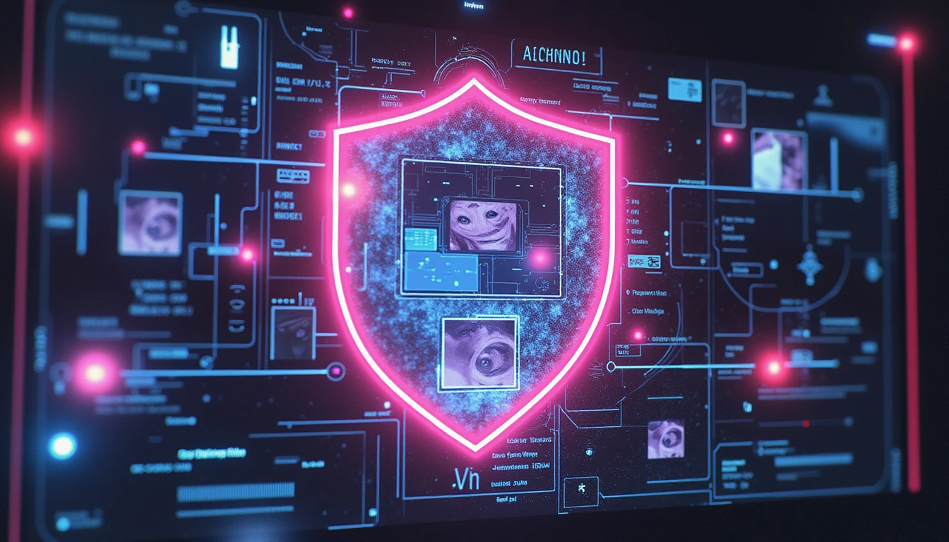 Futuristic glowing shield with digital layers analyzed, anomalies flagged, and metadata symbols, representing advanced fraud detection in insurance.