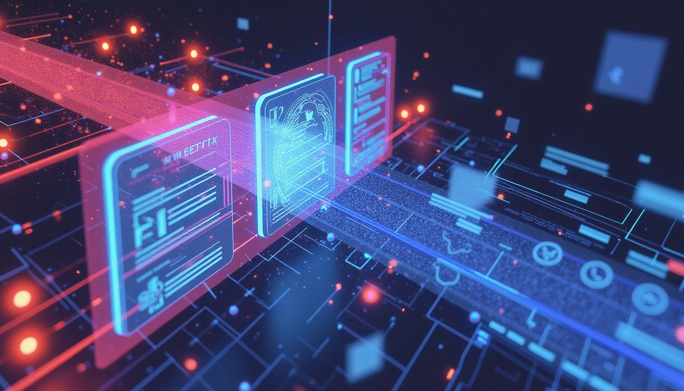 Abstrakte Neon-Glühdarstellung von KI, die die Erkennung von Versicherungsbetrug verbessert, mit digitalen Dokumenten und Symbolen für Sicherheit und Vertrauen.