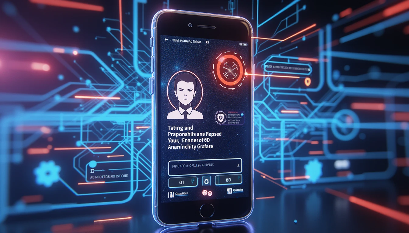 Futuristische KI-Sicherheitsoberfläche für Dating-Apps, mit Gesichtserkennung, Datenschildern und neonbeleuchteten Verifikationskontrollpunkten.