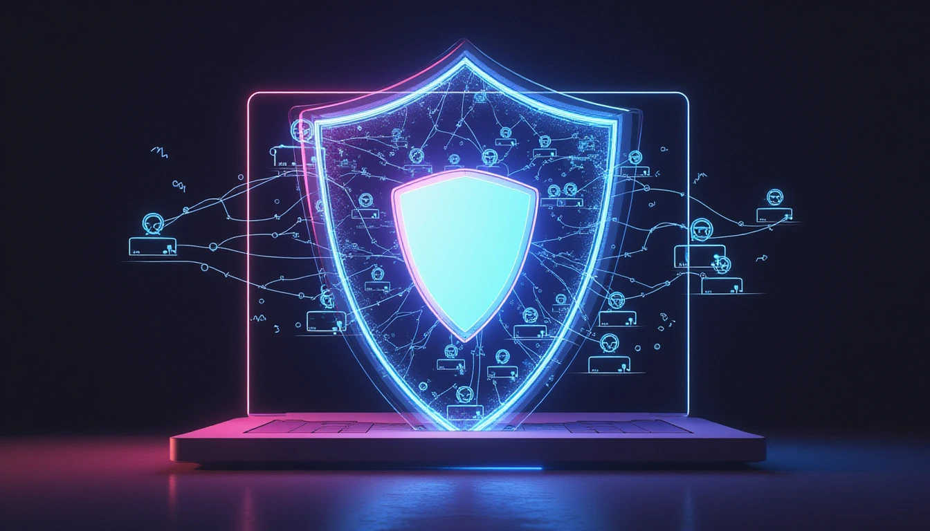 Futuristic shield with neon glow symbolizes online dating security, scanning for fake profiles amid a high-tech network of users.