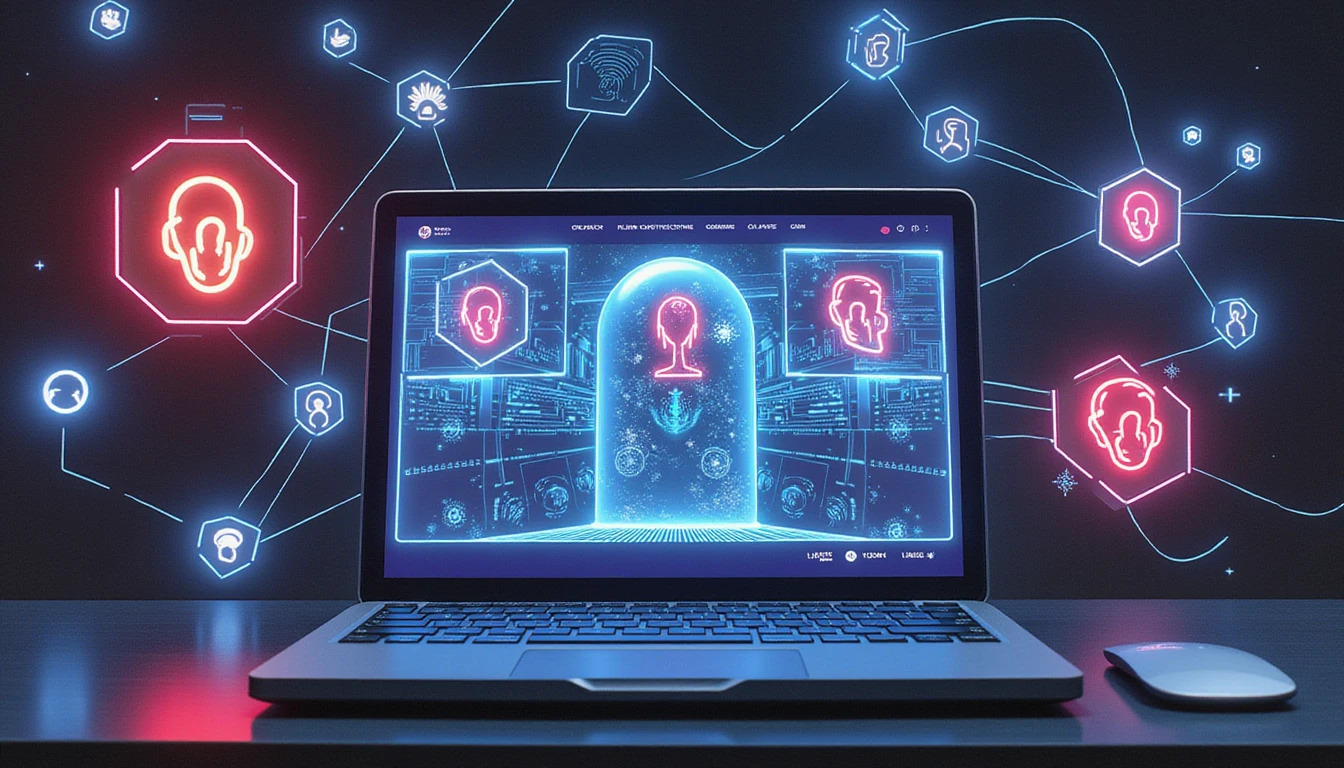 Futuristische, KI-gesteuerte Betrugserkennung beim Online-Dating mit leuchtenden Sicherheitsschilden, biometrischen Scans und einem High-Tech-Profilanalysator.