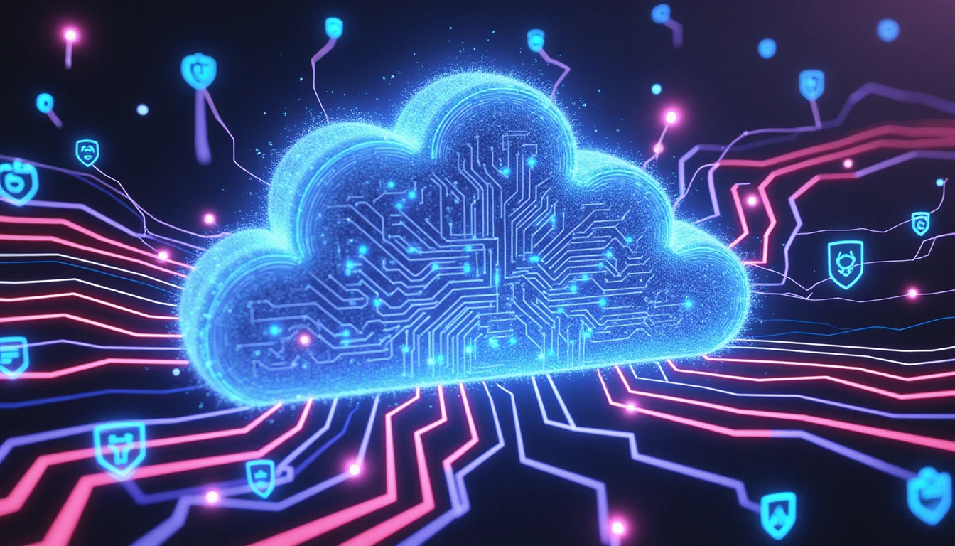 Futuristische Wolke mit Schaltkreismustern, die KI in der Versicherungsbranche symbolisieren, umgeben von Neonlinien für Daten, Betrugserkennung und Schutz.