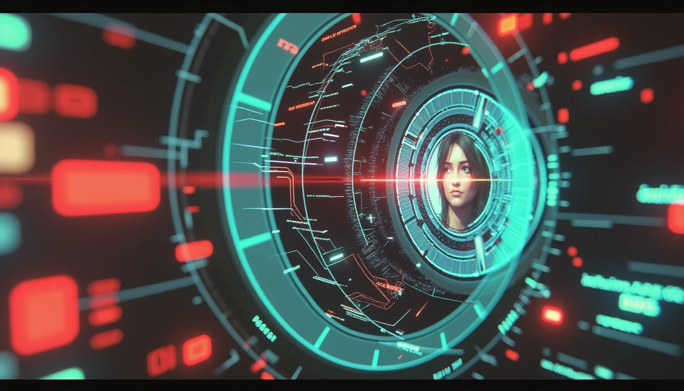 Futuristische KI-Schnittstelle, die ein Profilbild mit Neonrastern, Schaltkreisen und holografischen Daten scannt und so eine sichere Bildverifizierung symbolisiert.
