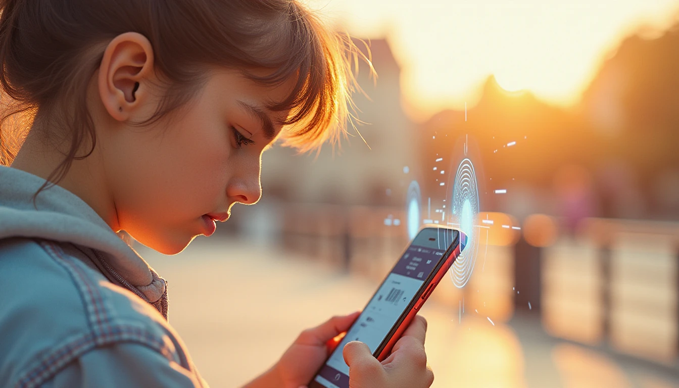 A young person using a dating app on their smartphone, their face subtly reflected on the screen, symbolizing secure image verification.