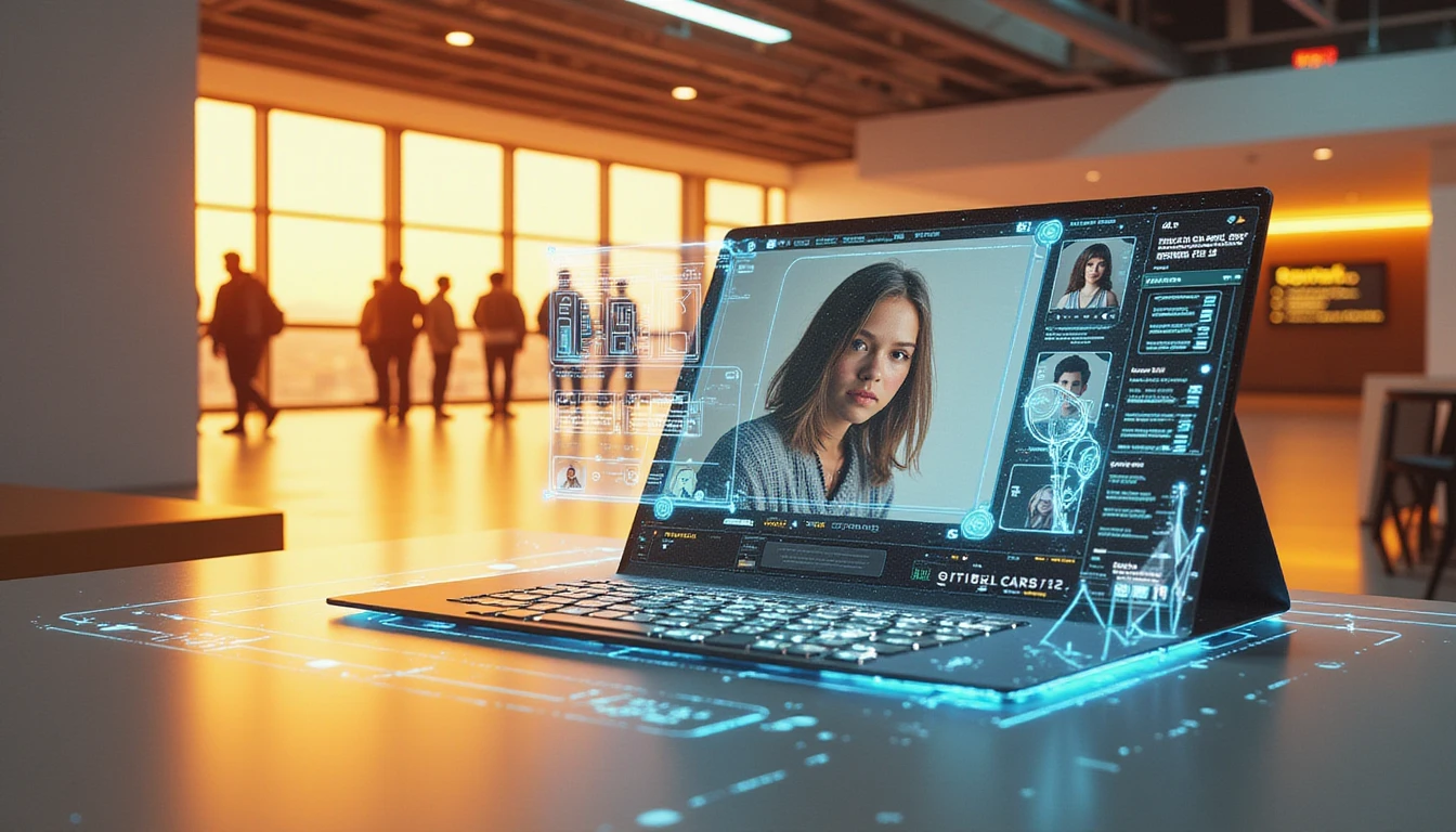 Die Schnittstelle einer futuristischen Dating-App wird holografisch projiziert, während eine künstliche Intelligenz Profile mit visuellen Effekten auf Authentizität und Sicherheit analysiert.