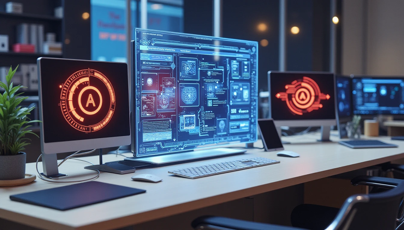 A futuristic claims office with a glowing holographic fraud detection interface displaying AI-driven analysis, metadata, and neon diagrams.
