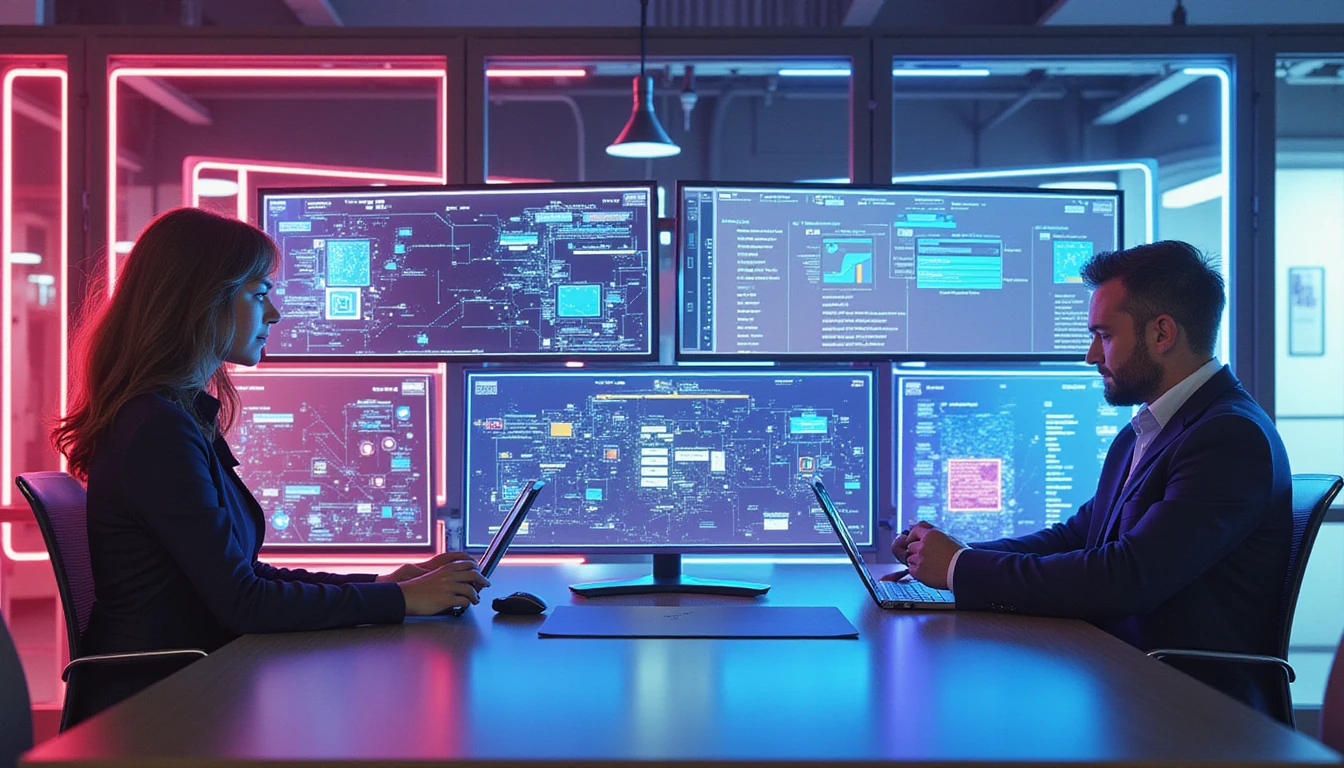 Futuristisches, neonbeleuchtetes Büro, in dem Fachleute holografische Versicherungsdaten analysieren und dabei KI, Betrugserkennung und Cybersicherheit im Mittelpunkt stehen.