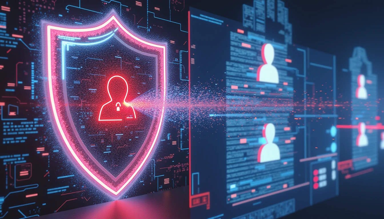 Futuristischer KI-Sicherheitsschild scannt eine Online-Dating-Plattform und erkennt und entlarvt mithilfe leuchtender Datenströme gefälschte Profile.