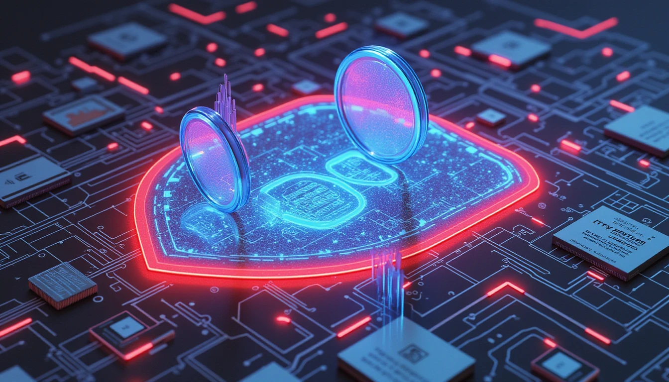 Futuristische Versicherungstechnologie mit einem leuchtenden digitalen Schild, Neonschaltkreisen, holografischen Vergrößerungsgläsern und Schadensdokumenten als Symbol für die Betrugserkennung.