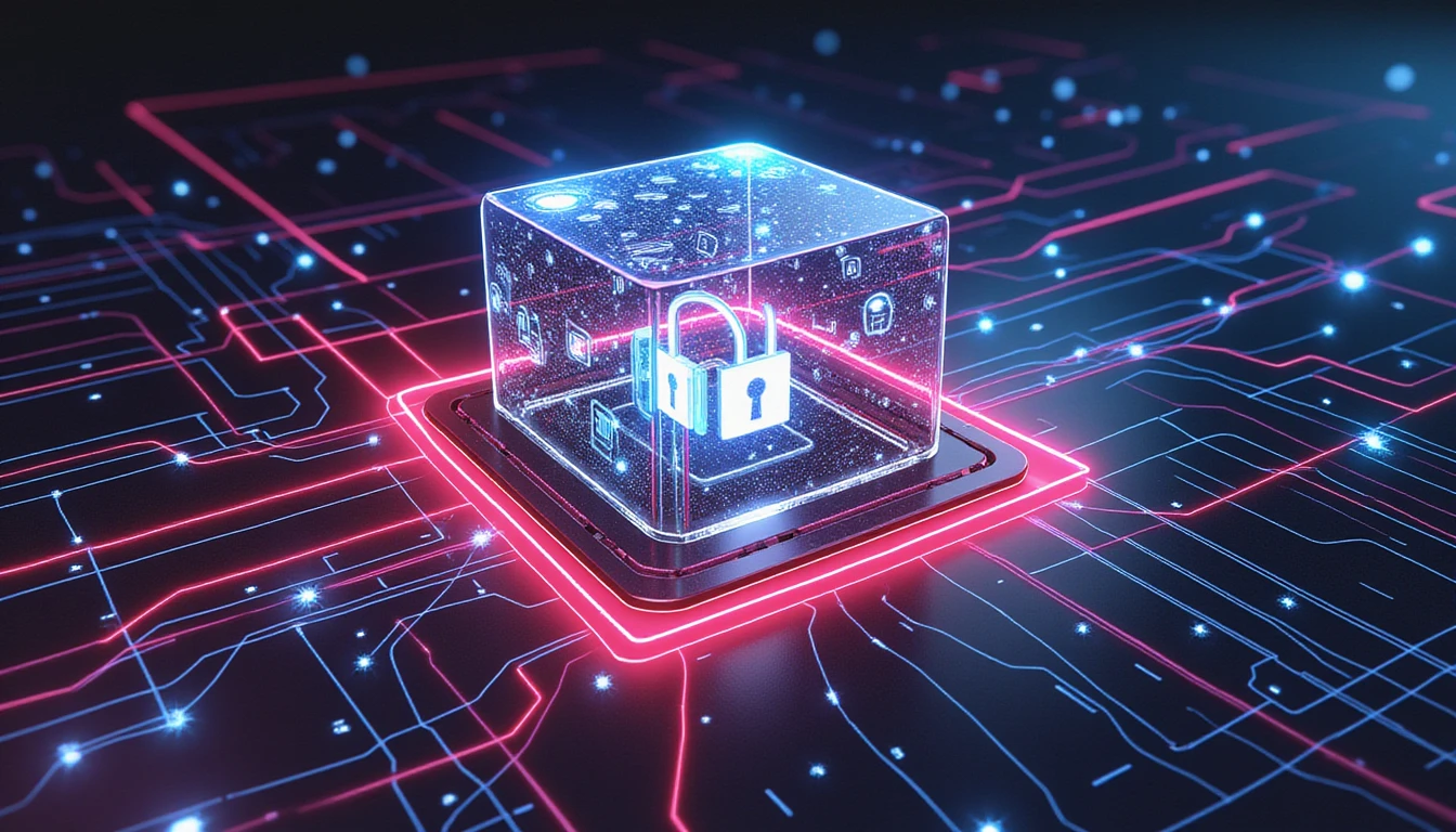 Digital shield surrounded by glowing neon circuits, encryption keys, and security icons, symbolizing innovation and data protection in insurance.