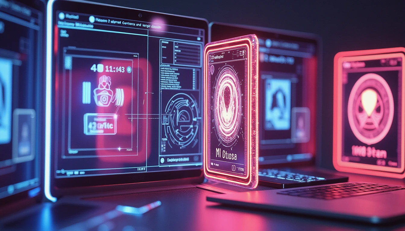 Neonleuchtende digitale Schilde schützen Benutzerprofile in einer futuristischen Cyberschnittstelle und unterstreichen die KI-gesteuerte Sicherheit beim Online-Dating.