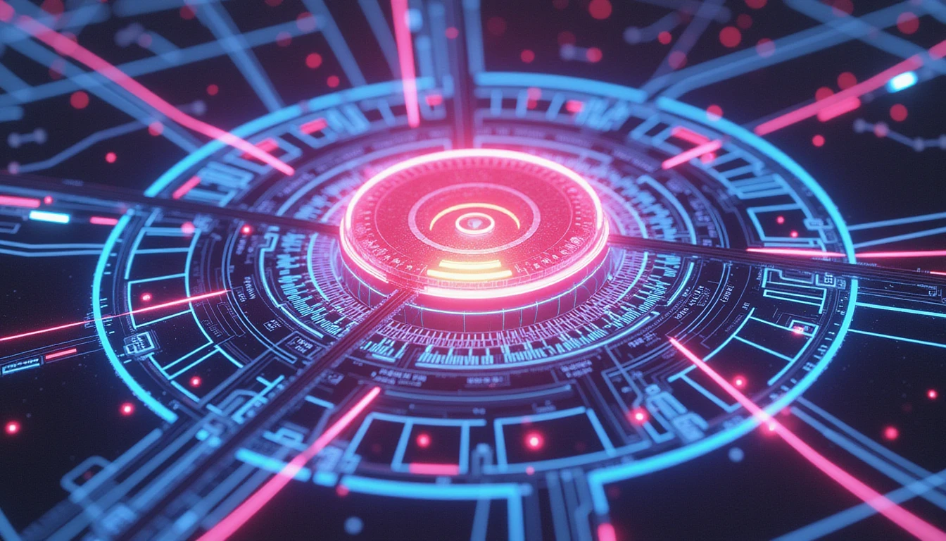Futuristic neon-lit network visualizing online dating security, with AI-driven fraud detection at the glowing core, ensuring trust.