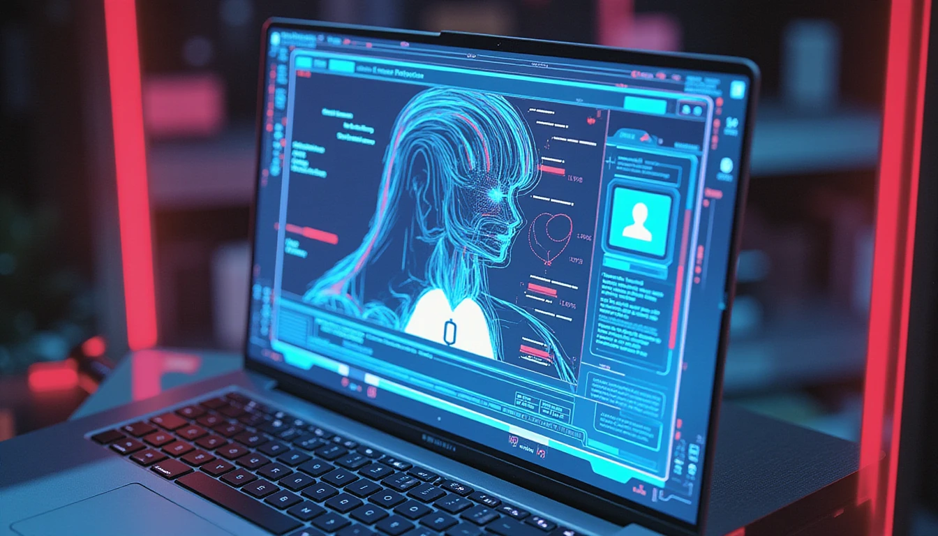 Futuristische, neonbeleuchtete Schnittstelle zum Scannen von Online-Dating-Profilen mithilfe KI-gesteuerter Betrugserkennung mit holografischer digitaler Authentifizierung.