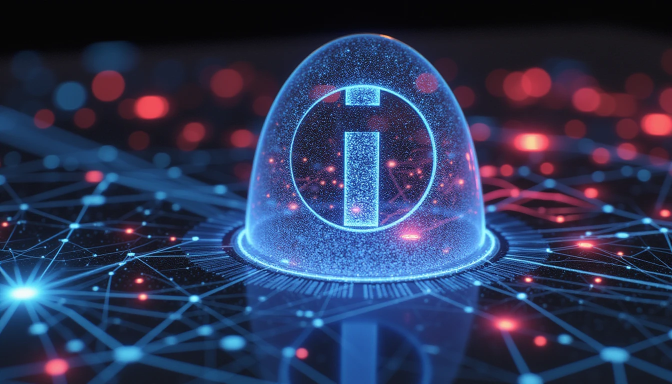 Digitaler Schutzschild, der neonbeleuchtete Datenströme schützt und mit leuchtenden neuronalen Mustern und genauer Kontrolle die KI-gesteuerte Betrugserkennung im Versicherungswesen symbolisiert.