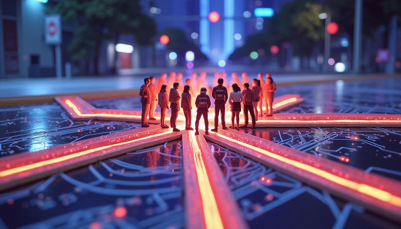 Futuristische, neonbeleuchtete Belegschaft, dargestellt als leuchtende, miteinander verbundene Linien mit KI, Datenanalyse und Sicherheitstechnologie in einer hochtechnologischen urbanen Umgebung.