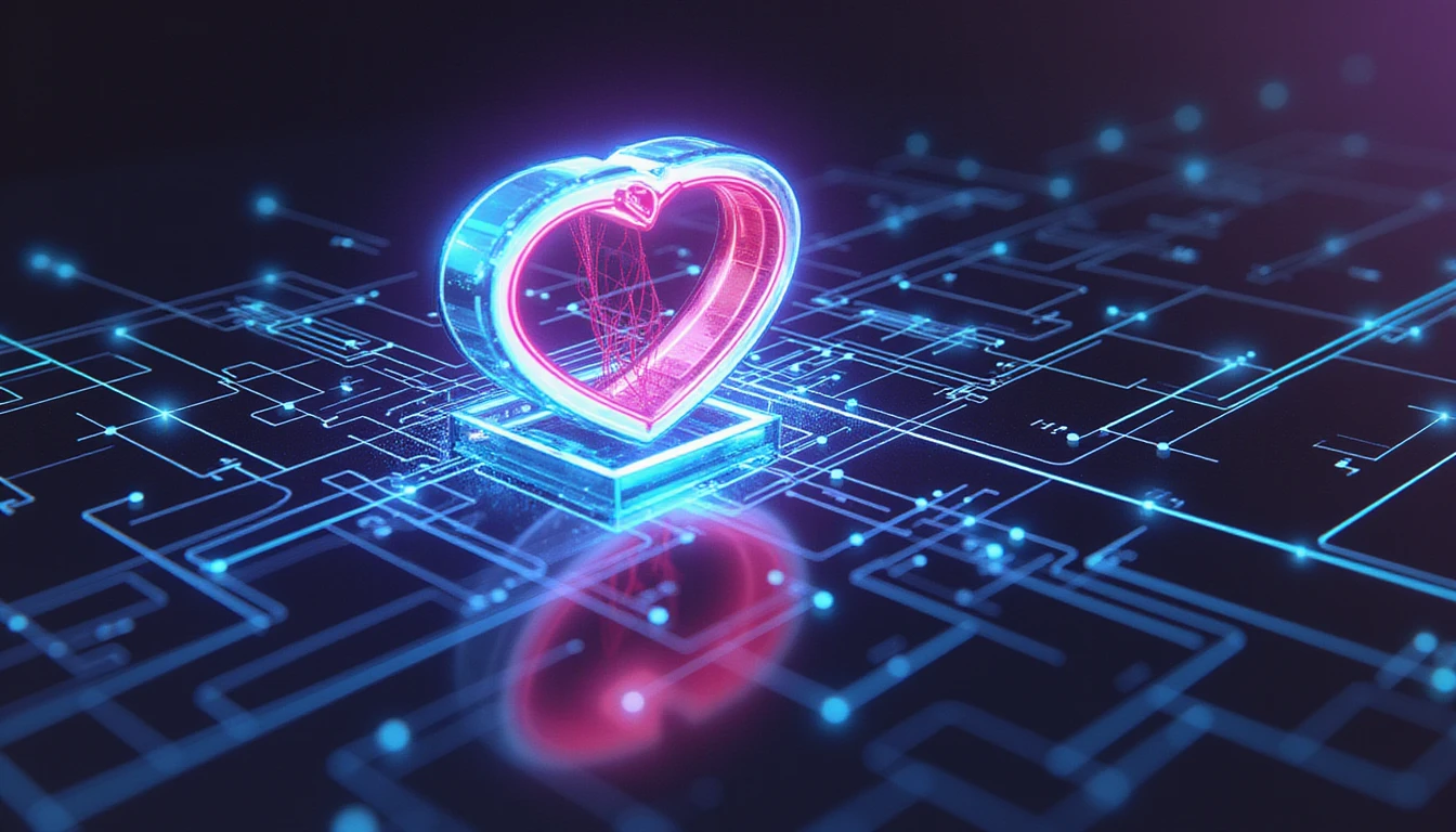 Futuristisches, neonglühendes Schild symbolisiert sicheres Online-Dating mit verschlüsselten Verbindungen, KI-Betrugserkennung und Identitätsverifizierung.