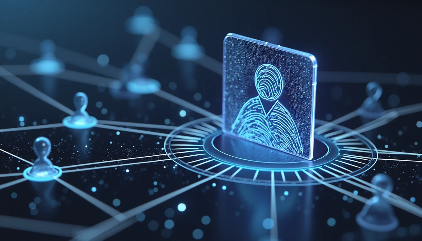 Futuristisches digitales Sicherheitsframework mit leuchtenden, miteinander verbundenen Knoten und biometrischen Mustern, das die Betrugserkennung beim Online-Dating symbolisiert.