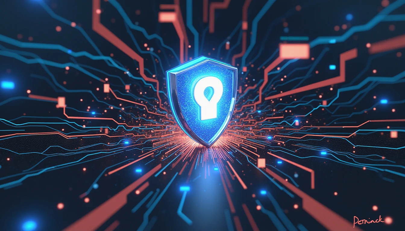 Futuristic digital interface showing a shield icon with biometric verification and AI fraud detection, symbolizing cybersecurity in online dating.