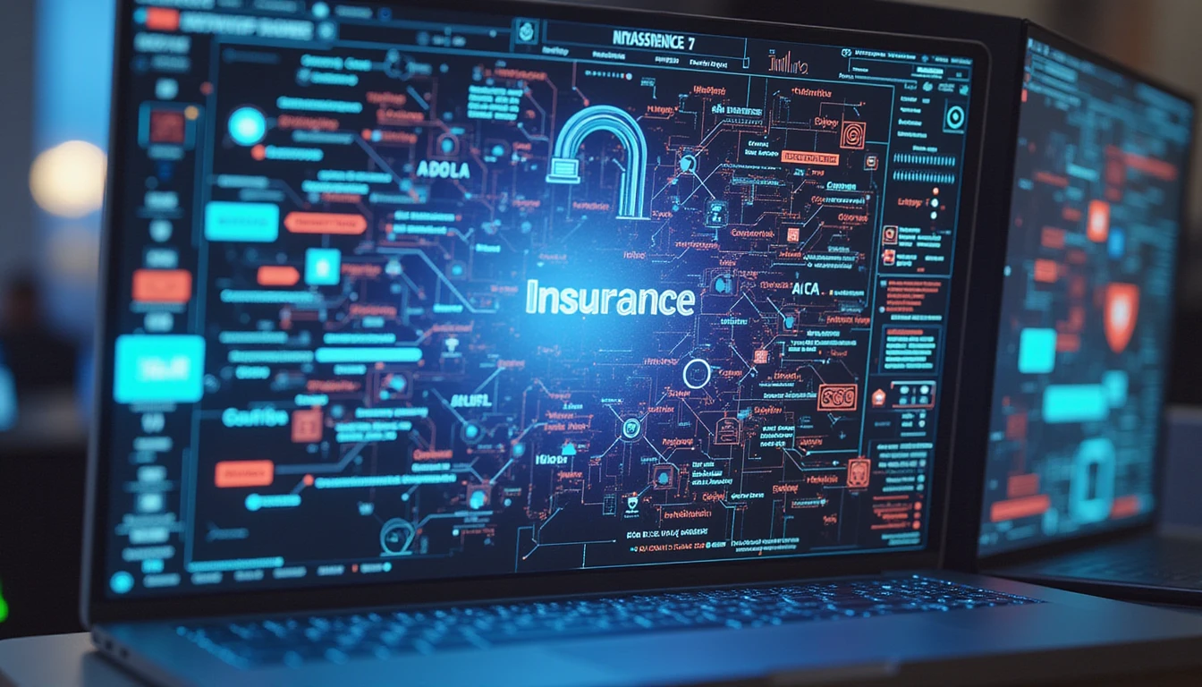 Futuristic insurance office with a glowing digital matrix, AI neural pathways, fraud detection icons, and a sleek, cutting-edge ambiance.