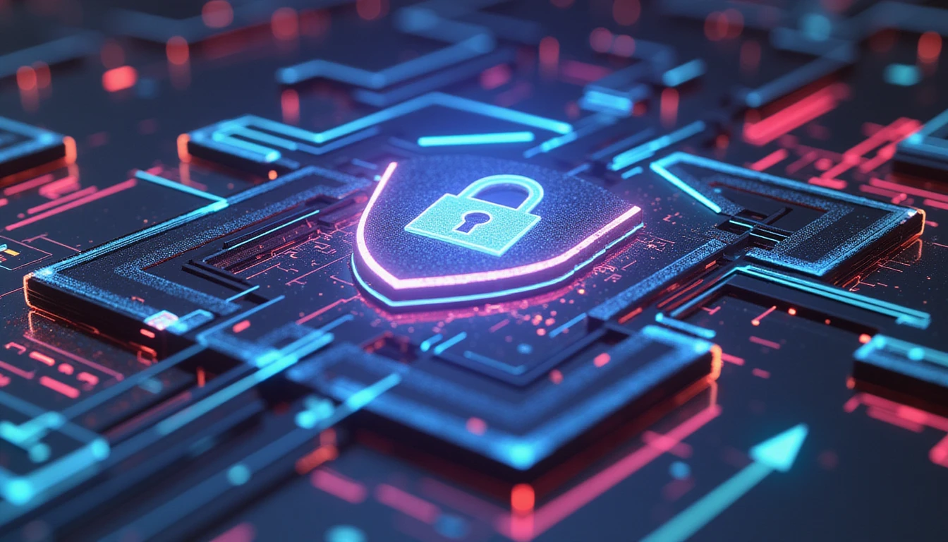 Futuristische digitale Betrugsprävention in der Versicherung; leuchtende geometrische Formen, KI-gesteuerte Algorithmen, Schilde, Datenströme und Sicherheitsthemen.