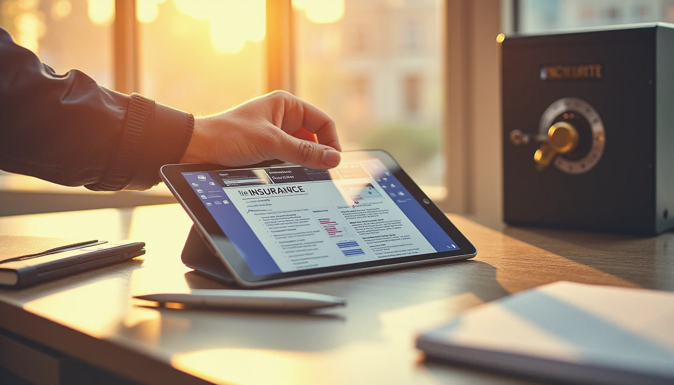 Hand überprüft ein digitales Versicherungsdokument auf einem Tablet mit holografischen Sicherheitsfunktionen, getaucht im Licht der goldenen Stunde auf einem modernen Schreibtisch.
